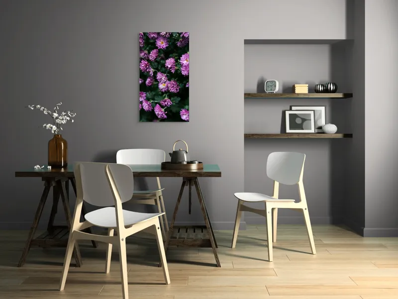 Tablou Canvas, "Flori de toamnă în grădinăraie.", Flori, Mov, Delicate, Frunziș, Abundență, Natură, Prospețime, Grădină, Petale, Verde., 50 x 90 cm – poza 4