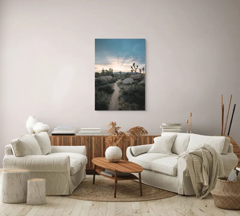 Tablou Canvas, "Poienița în deșert la amurg", Peisaj, Deșert, Drumeag, Răsărit, Nori, Cactuși, Piatre, Vegetație, Orizont., 70 x 100 cm – poza 4