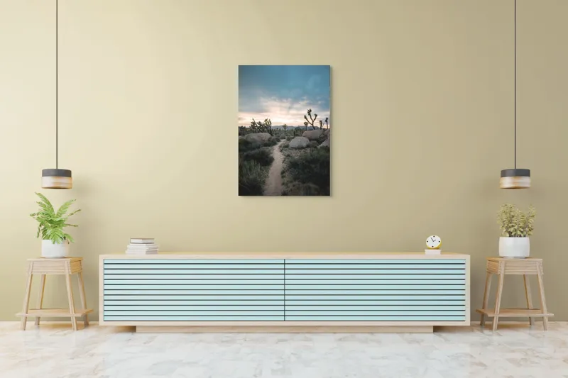 Tablou Canvas, "Poienița în deșert la amurg", Peisaj, Deșert, Drumeag, Răsărit, Nori, Cactuși, Piatre, Vegetație, Orizont., 70 x 100 cm – poza 5