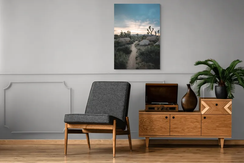 Tablou Canvas, "Poienița în deșert la amurg", Peisaj, Deșert, Drumeag, Răsărit, Nori, Cactuși, Piatre, Vegetație, Orizont., 70 x 100 cm – poza 6