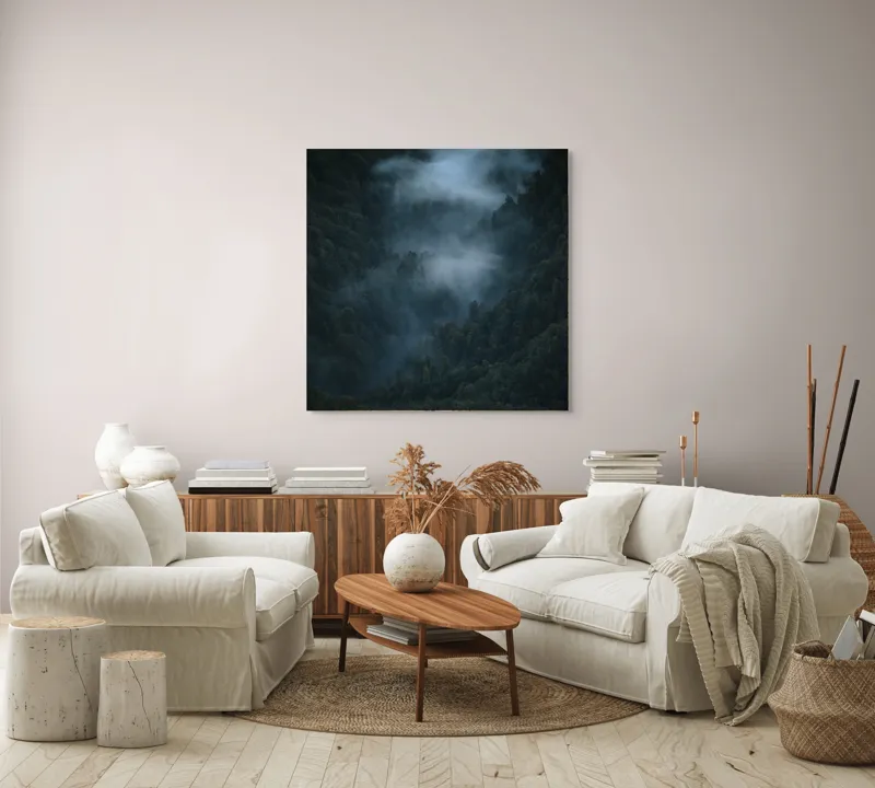 Tablou Canvas, "Misterul pădurii învăluite în ceață", Mister, Melancolie, Pădure, Negură, Liniște, Adâncime, Umbre, Frunziș, Tainic, Rece, 100 x 100 cm – poza 3