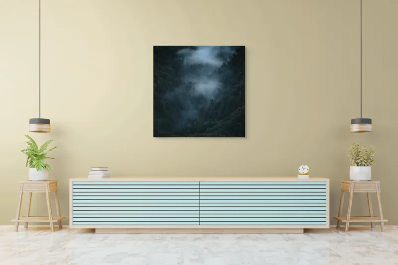 Tablou Canvas, "Misterul pădurii învăluite în ceață", Mister, Melancolie, Pădure, Negură, Liniște, Adâncime, Umbre, Frunziș, Tainic, Rece, 100 x 100 cm – poza 5