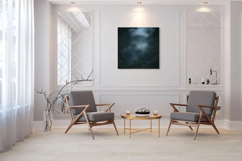 Tablou Canvas, "Misterul pădurii învăluite în ceață", Mister, Melancolie, Pădure, Negură, Liniște, Adâncime, Umbre, Frunziș, Tainic, Rece, 100 x 100 cm – poza 7