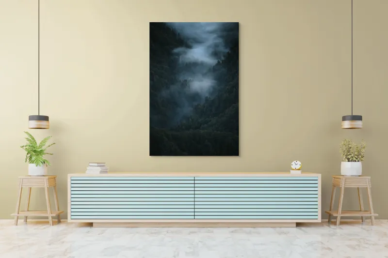 Tablou Canvas, "Misterul pădurii învăluite în ceață", Mister, Melancolie, Pădure, Negură, Liniște, Adâncime, Umbre, Frunziș, Tainic, Rece, 100 x 150 cm – poza 4