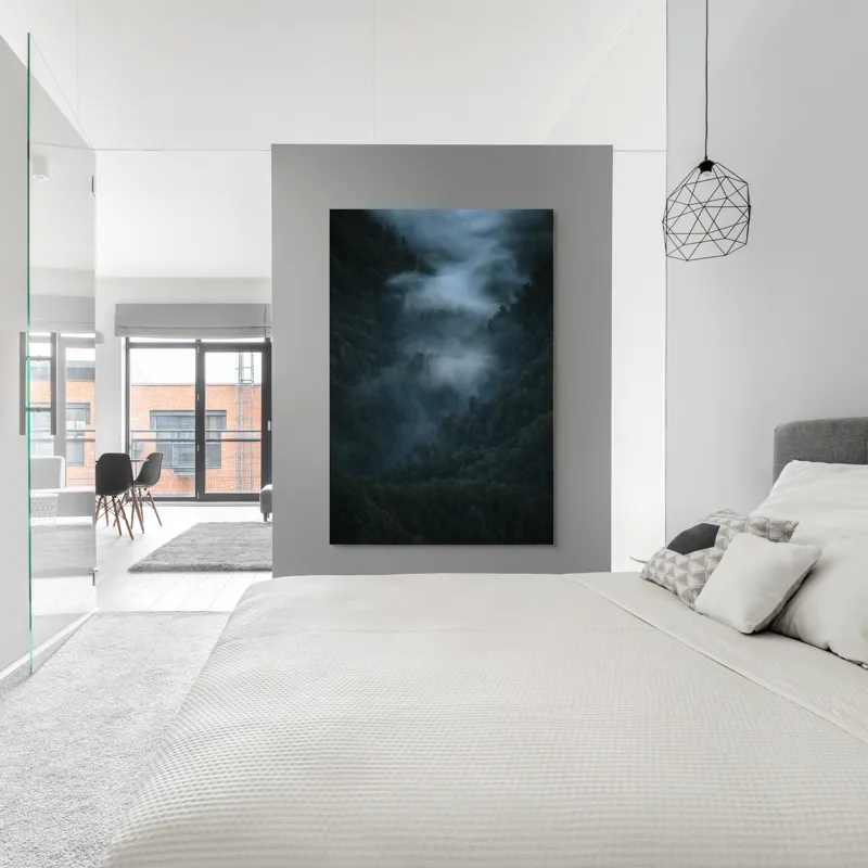 Tablou Canvas, "Misterul pădurii învăluite în ceață", Mister, Melancolie, Pădure, Negură, Liniște, Adâncime, Umbre, Frunziș, Tainic, Rece, 100 x 150 cm – poza 5