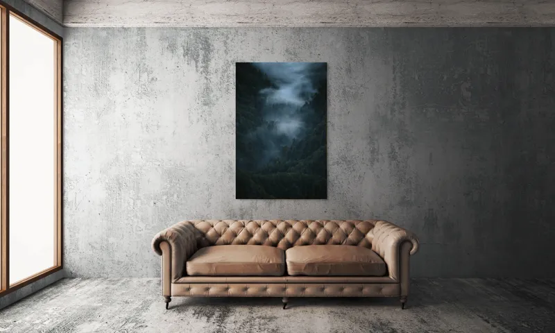 Tablou Canvas, "Misterul pădurii învăluite în ceață", Mister, Melancolie, Pădure, Negură, Liniște, Adâncime, Umbre, Frunziș, Tainic, Rece, 100 x 150 cm – poza 6