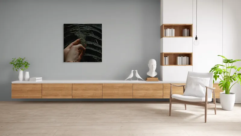 Tablou Canvas, "Mângâierea frunzei de ferigă verde", Frunză, Mână, Delicatețe, Natură, Verde, Lumină, Textură, Detaliu, 100 x 100 cm – poza 8