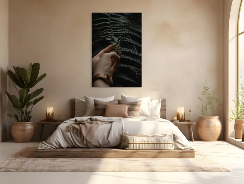 Tablou Canvas, "Mângâierea frunzei de ferigă verde", Frunză, Mână, Delicatețe, Natură, Verde, Lumină, Textură, Detaliu, 100 x 150 cm – poza 3