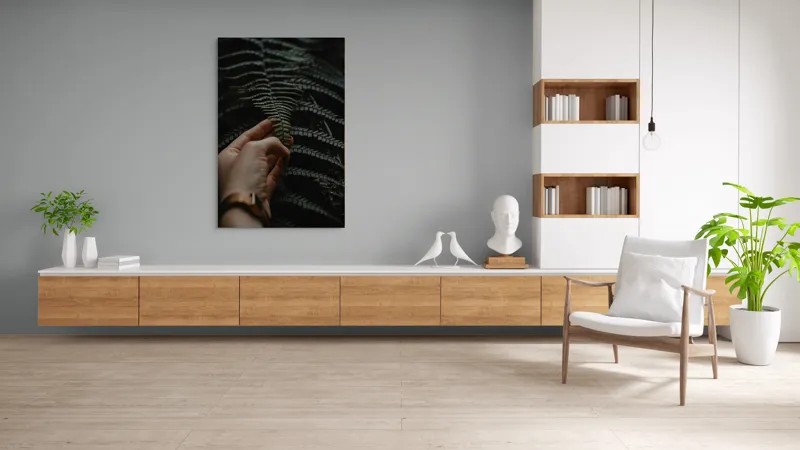 Tablou Canvas, "Mângâierea frunzei de ferigă verde", Frunză, Mână, Delicatețe, Natură, Verde, Lumină, Textură, Detaliu, 100 x 150 cm – poza 8