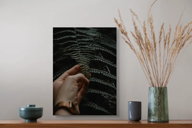 Tablou Canvas, "Mângâierea frunzei de ferigă verde", Frunză, Mână, Delicatețe, Natură, Verde, Lumină, Textură, Detaliu, 39 x 54 cm – poza 3