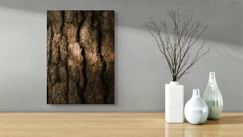 Tablou Canvas, "Umbrele drumului pe scoarța copacului", Textură, Scoarță, Arbori, Rugozitate, Lumină, Umbre, Natură, Rustic, Detaliu, Organic., 39 x 54 cm – poza 4