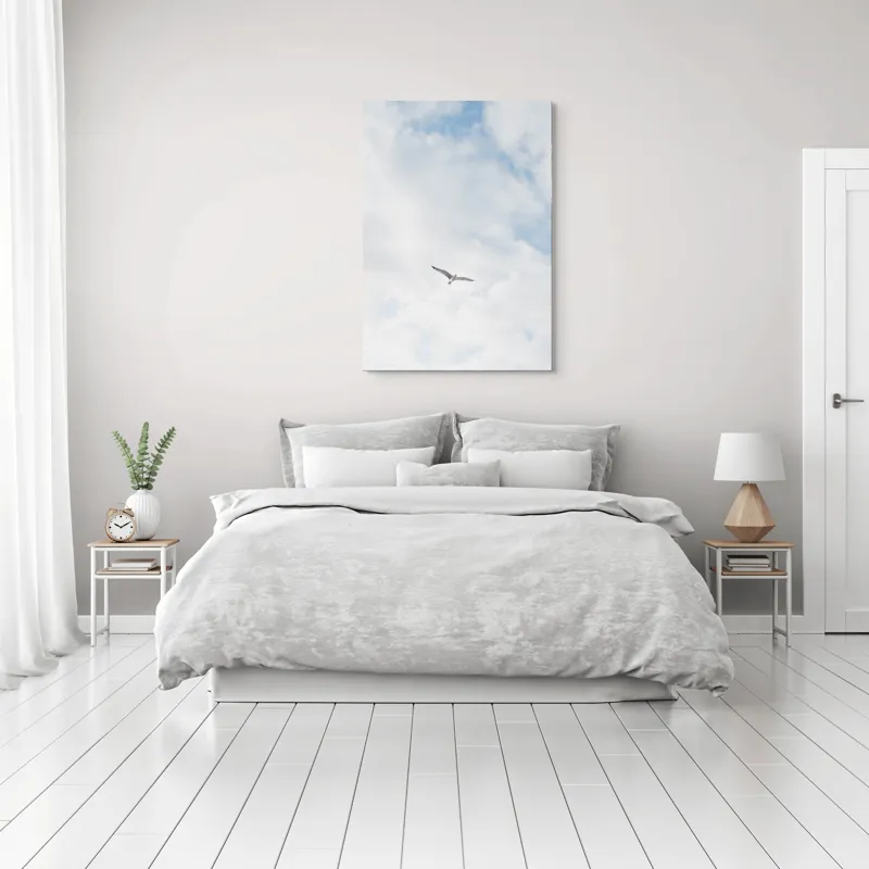 Tablou Canvas, "Pescăruș în zbor liber pe cer", Cer, Nori, Păsare, Zbor, Libertate, 70 x 100 cm – poza 3