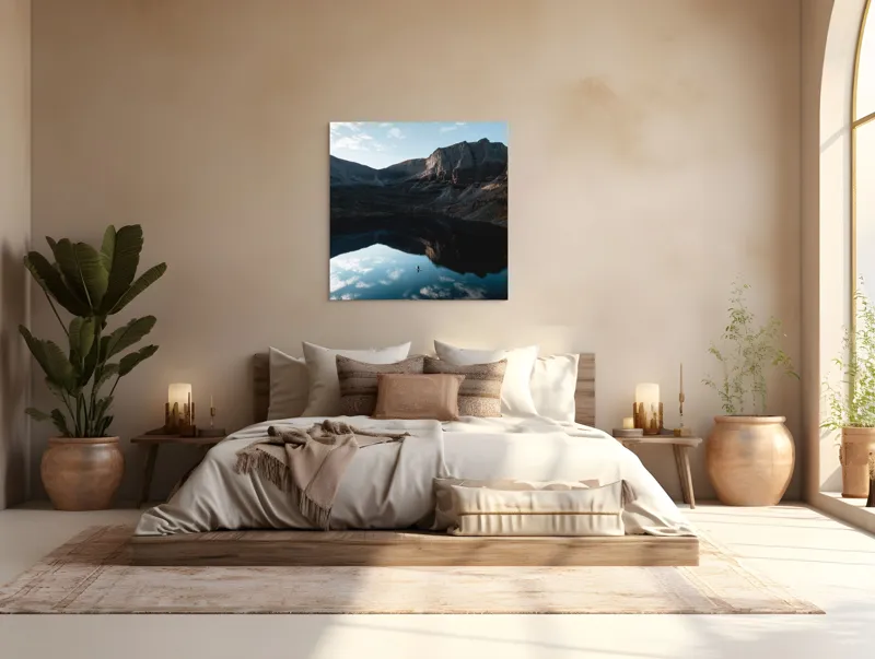 Tablou Canvas, "Singurătate pe oglinda lacului montan", Cer, Munți, Lac, Reflecție, Canoe, Serenitate, Natură, Pictural., 100 x 100 cm – poza 4