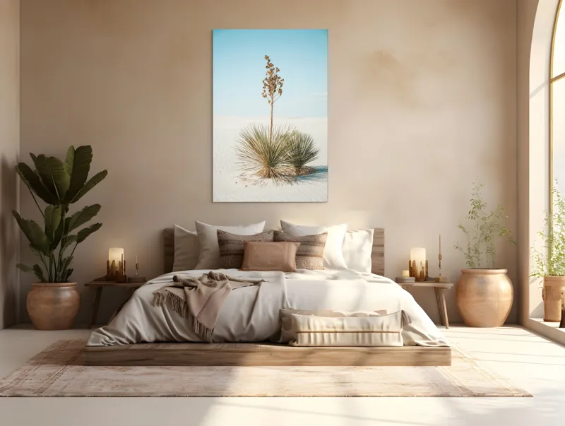 Tablou Canvas, "Solitar în deșertul alb nesfârșit", Deșert, Yucca, Cer, Nisip, Singurătate, Natură, Linie, Verde, Uscat, Solitar, Liniște, 100 x 150 cm – poza 3
