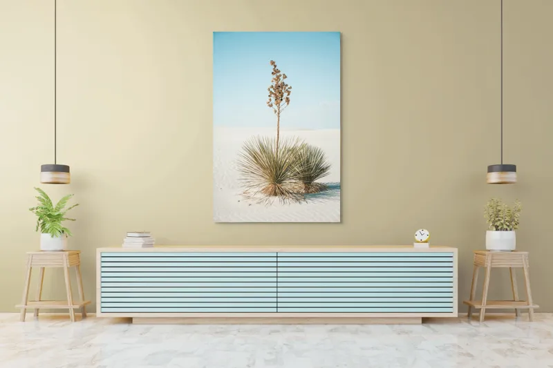 Tablou Canvas, "Solitar în deșertul alb nesfârșit", Deșert, Yucca, Cer, Nisip, Singurătate, Natură, Linie, Verde, Uscat, Solitar, Liniște, 100 x 150 cm – poza 4