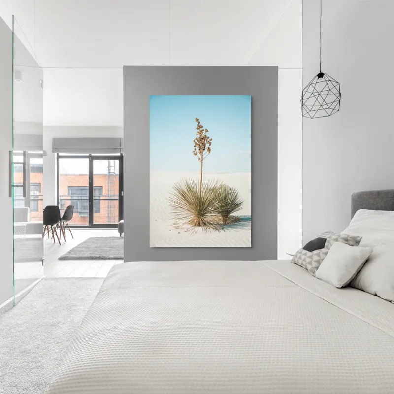 Tablou Canvas, "Solitar în deșertul alb nesfârșit", Deșert, Yucca, Cer, Nisip, Singurătate, Natură, Linie, Verde, Uscat, Solitar, Liniște, 100 x 150 cm – poza 5