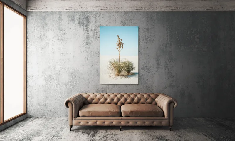 Tablou Canvas, "Solitar în deșertul alb nesfârșit", Deșert, Yucca, Cer, Nisip, Singurătate, Natură, Linie, Verde, Uscat, Solitar, Liniște, 100 x 150 cm – poza 6