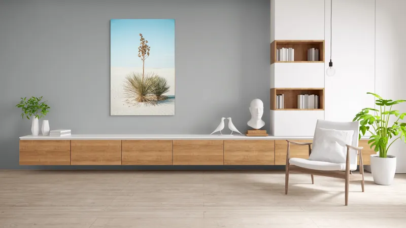 Tablou Canvas, "Solitar în deșertul alb nesfârșit", Deșert, Yucca, Cer, Nisip, Singurătate, Natură, Linie, Verde, Uscat, Solitar, Liniște, 100 x 150 cm – poza 8