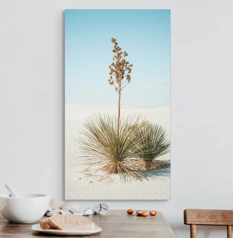 Tablou Canvas, "Solitar în deșertul alb nesfârșit", Deșert, Yucca, Cer, Nisip, Singurătate, Natură, Linie, Verde, Uscat, Solitar, Liniște, 50 x 90 cm – poza 3