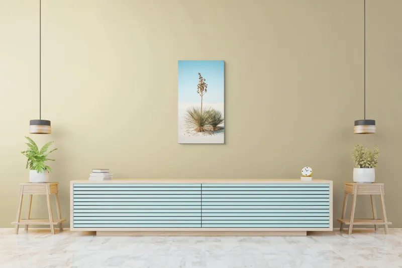 Tablou Canvas, "Solitar în deșertul alb nesfârșit", Deșert, Yucca, Cer, Nisip, Singurătate, Natură, Linie, Verde, Uscat, Solitar, Liniște, 50 x 90 cm – poza 6