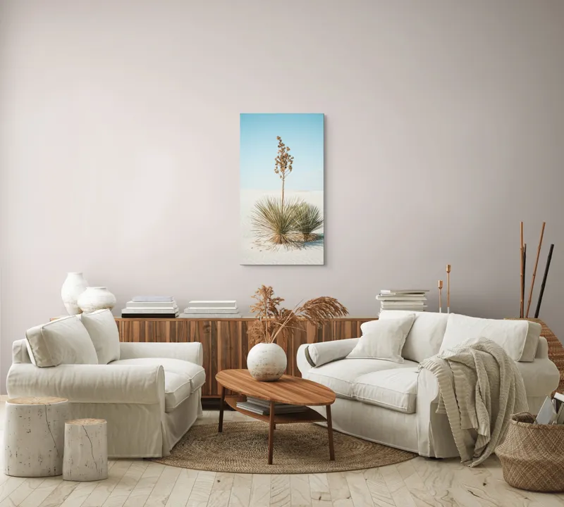 Tablou Canvas, "Solitar în deșertul alb nesfârșit", Deșert, Yucca, Cer, Nisip, Singurătate, Natură, Linie, Verde, Uscat, Solitar, Liniște, 50 x 90 cm – poza 7