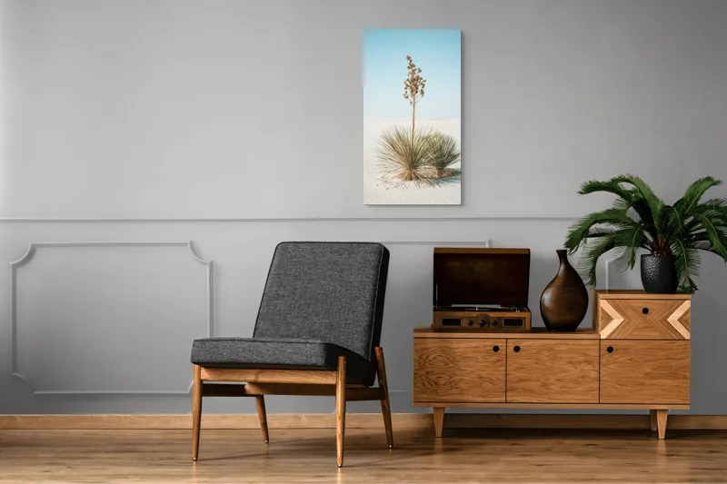 Tablou Canvas, "Solitar în deșertul alb nesfârșit", Deșert, Yucca, Cer, Nisip, Singurătate, Natură, Linie, Verde, Uscat, Solitar, Liniște, 50 x 90 cm – poza 8