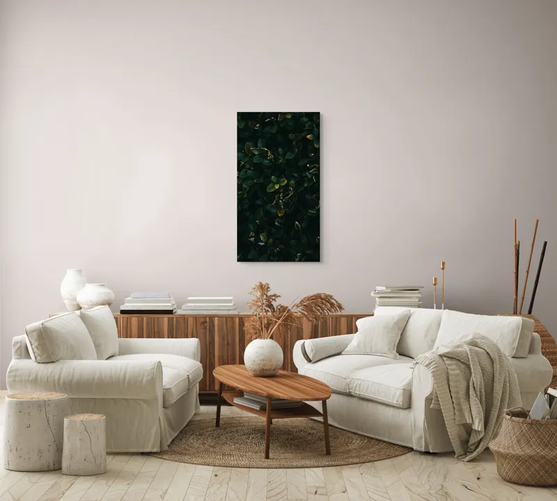 Tablou Canvas, "Frunziș dens în lumina amurgului", Frunziș, Verde, Întuneric, Natură, Textură, Răcoare, Umbră, Mister, Organic, Eleganță, 50 x 90 cm – poza 7
