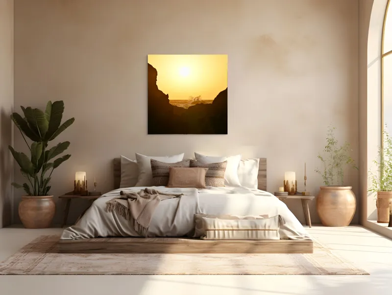 Tablou Canvas, "Răsărit spectaculos între stânci întunecate", Soare, Stânci, Valuri, Ocean, Cer, Apus, Siluetă, Aur., 100 x 100 cm – poza 4