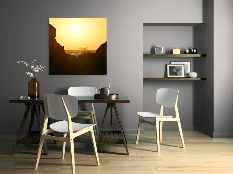 Tablou Canvas, "Răsărit spectaculos între stânci întunecate", Soare, Stânci, Valuri, Ocean, Cer, Apus, Siluetă, Aur., 100 x 100 cm – poza 6