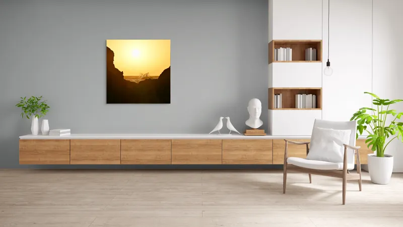 Tablou Canvas, "Răsărit spectaculos între stânci întunecate", Soare, Stânci, Valuri, Ocean, Cer, Apus, Siluetă, Aur., 100 x 100 cm – poza 8