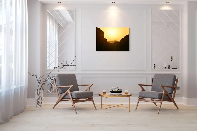 Tablou Canvas, "Răsărit spectaculos între stânci întunecate", Soare, Stânci, Valuri, Ocean, Cer, Apus, Siluetă, Aur., 100 x 70 cm – poza 5