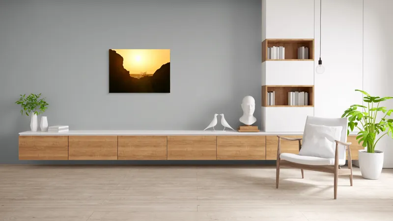 Tablou Canvas, "Răsărit spectaculos între stânci întunecate", Soare, Stânci, Valuri, Ocean, Cer, Apus, Siluetă, Aur., 100 x 70 cm – poza 6