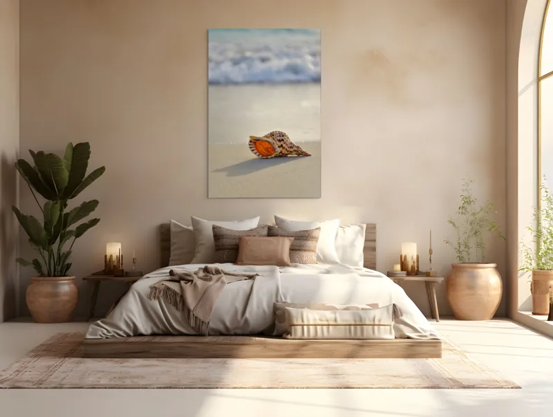 Tablou Canvas, "Scoica singuratică pe nisip auriu", Scoică, Nisip, Apă, Valuri, Plajă, Umbră, Liniște, Vară, 100 x 150 cm – poza 3