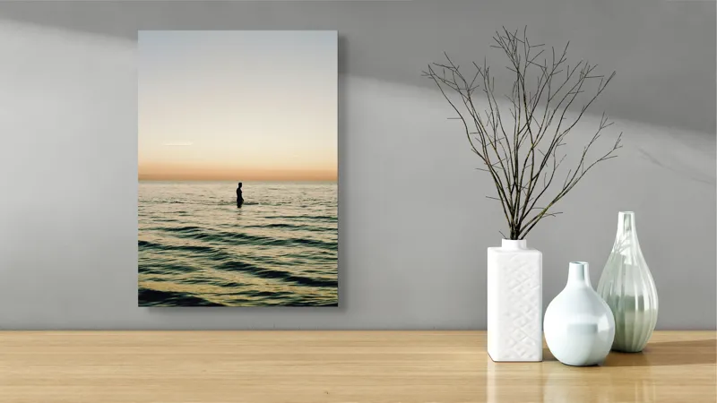 Tablou Canvas, "Omul și imensitatea mării", Apus, Siluetă, Ocean, Liniște, Orizont, Reflexie, Timpurii, Valuri, Cer, Pace, 39 x 54 cm – poza 4