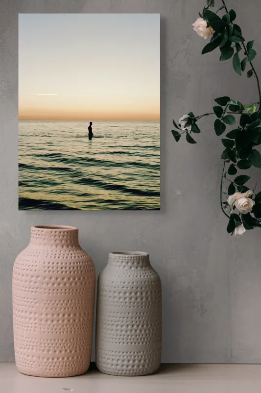 Tablou Canvas, "Omul și imensitatea mării", Apus, Siluetă, Ocean, Liniște, Orizont, Reflexie, Timpurii, Valuri, Cer, Pace, 39 x 54 cm – poza 6