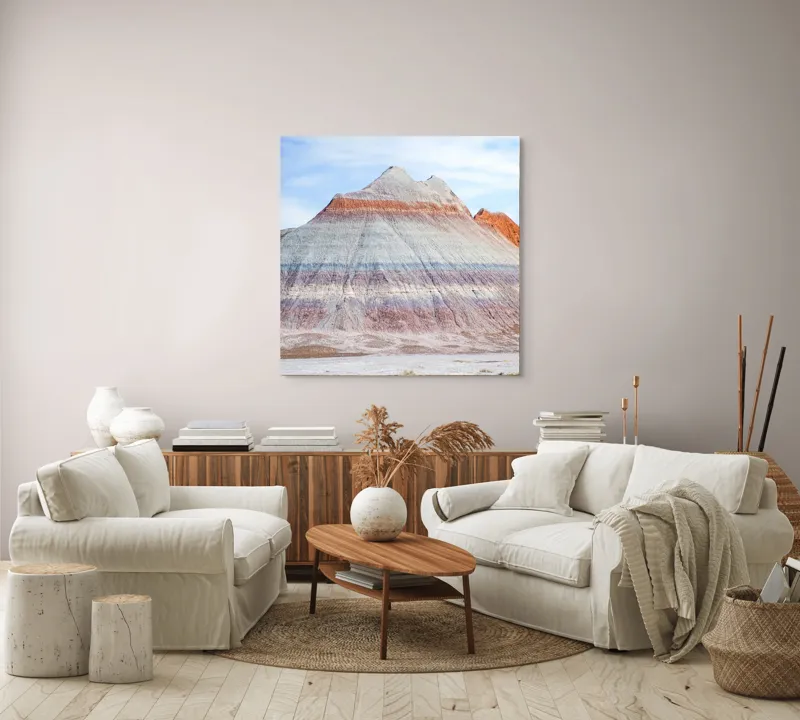 Tablou Canvas, "Roci vălurite în deșertul colorat", Munți, Straturi, Culoare, Deșert, Cer, Linii, Peisaj, Geologie, Forme, Natură, 100 x 100 cm – poza 3