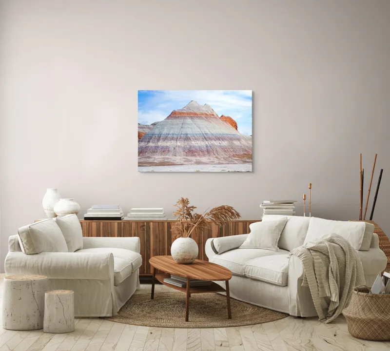 Tablou Canvas, "Roci vălurite în deșertul colorat", Munți, Straturi, Culoare, Deșert, Cer, Linii, Peisaj, Geologie, Forme, Natură, 100 x 70 cm – poza 3
