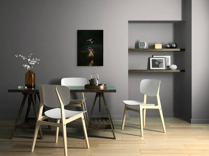 Tablou Canvas, "Pescăruși survolând oglinda apei", Zbor, Apus, Lac, Păsări, Natură, Reflecție, Lumină, 50 x 70 cm – poza 5