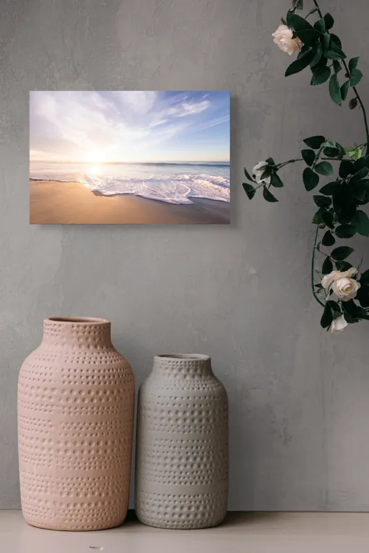 Tablou Canvas, "Răsărit senin pe țărmul mării", Cer, Apus, Valuri, Nisip, Lumină, Ocean, Tranquilitate, Frumusețe, 39 x 26 cm – poza 4