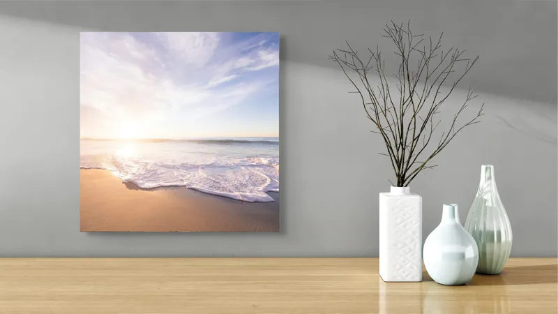 Tablou Canvas, "Răsărit senin pe țărmul mării", Cer, Apus, Valuri, Nisip, Lumină, Ocean, Tranquilitate, Frumusețe, 50 x 50 cm – poza 3