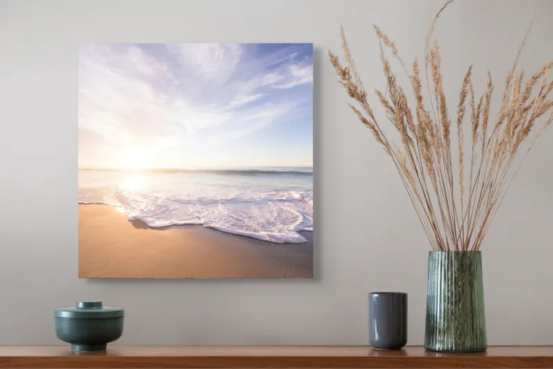 Tablou Canvas, "Răsărit senin pe țărmul mării", Cer, Apus, Valuri, Nisip, Lumină, Ocean, Tranquilitate, Frumusețe, 50 x 50 cm – poza 4