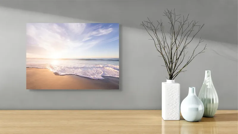 Tablou Canvas, "Răsărit senin pe țărmul mării", Cer, Apus, Valuri, Nisip, Lumină, Ocean, Tranquilitate, Frumusețe, 54 x 39 cm – poza 3