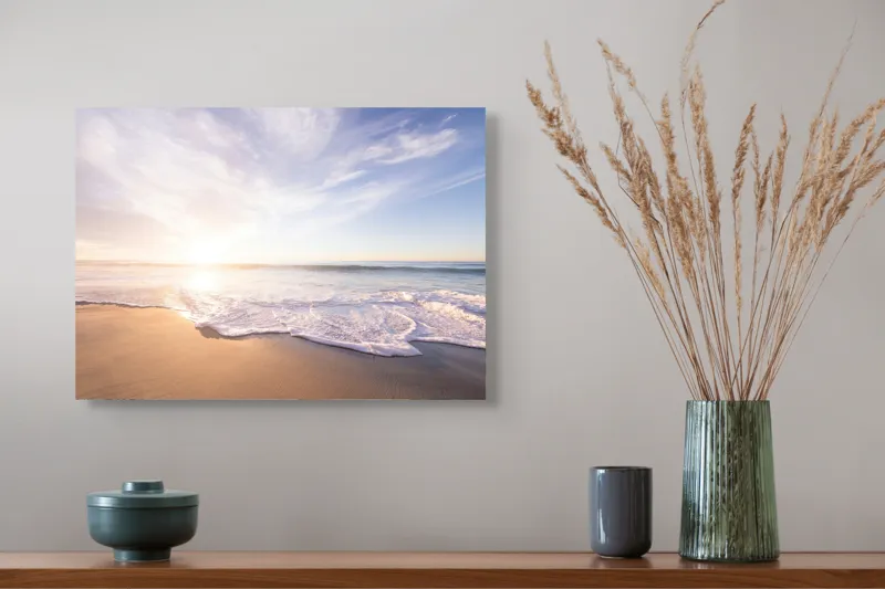 Tablou Canvas, "Răsărit senin pe țărmul mării", Cer, Apus, Valuri, Nisip, Lumină, Ocean, Tranquilitate, Frumusețe, 54 x 39 cm – poza 4