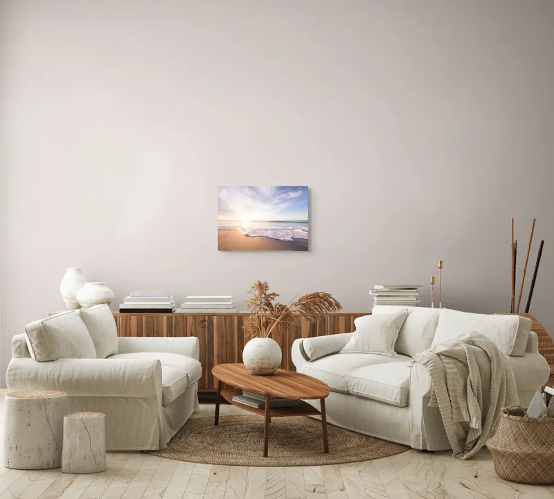Tablou Canvas, "Răsărit senin pe țărmul mării", Cer, Apus, Valuri, Nisip, Lumină, Ocean, Tranquilitate, Frumusețe, 54 x 39 cm – poza 5