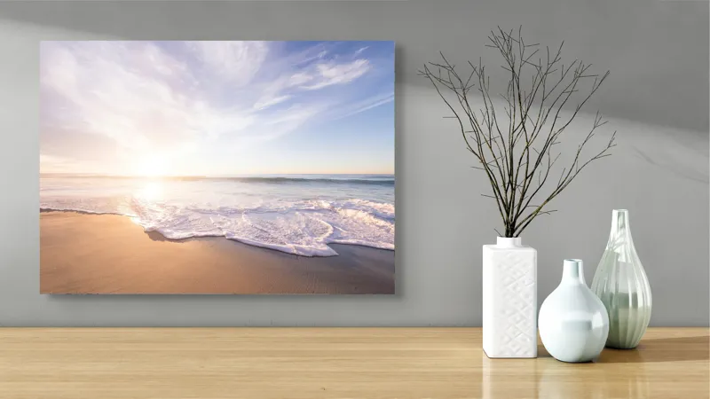 Tablou Canvas, "Răsărit senin pe țărmul mării", Cer, Apus, Valuri, Nisip, Lumină, Ocean, Tranquilitate, Frumusețe, 70 x 50 cm – poza 3