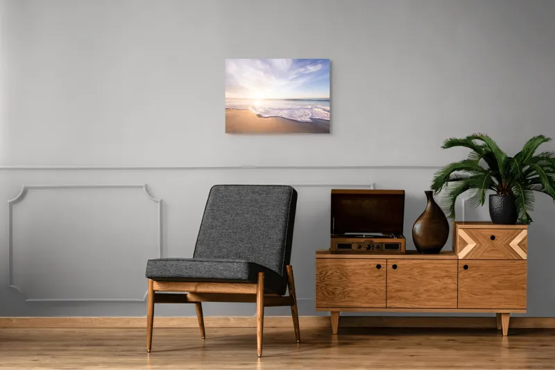Tablou Canvas, "Răsărit senin pe țărmul mării", Cer, Apus, Valuri, Nisip, Lumină, Ocean, Tranquilitate, Frumusețe, 70 x 50 cm – poza 4