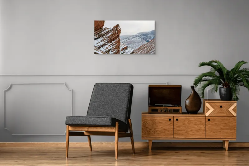 Tablou Canvas, "Frumusețea rece a stâncilor roșii", Rocă, Zăpadă, Munte, Cer, Peisaj, Iarnă, Natură, Frig, Pădure, Culoare, 90 x 50 cm – poza 6