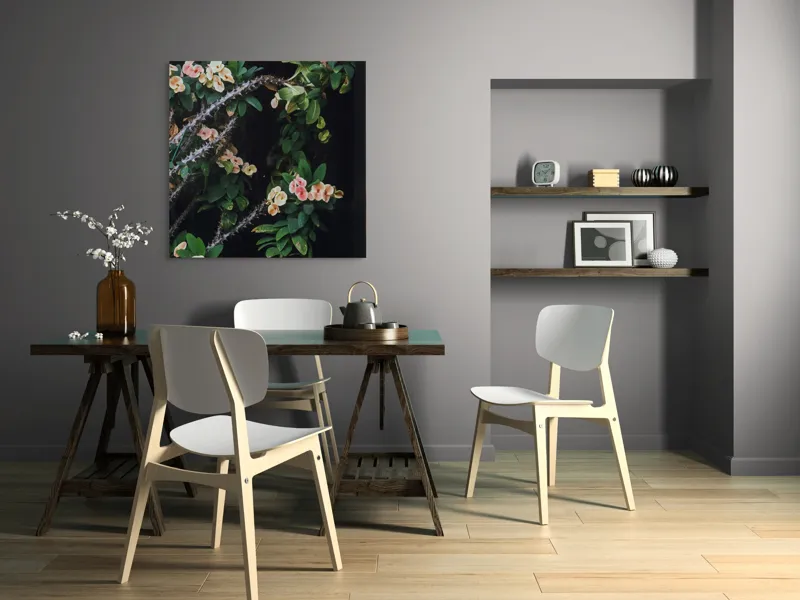 Tablou Canvas, "Tufă de flori cu spini verzi", Flori, Verdeață, Spini, Natură, Contrast, Vitalitate, Frumusețe, Delicatețe, 100 x 100 cm – poza 6