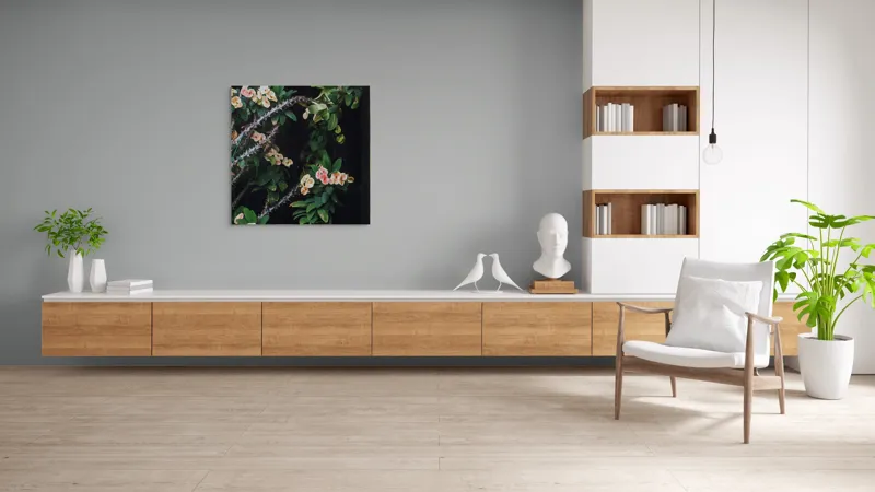 Tablou Canvas, "Tufă de flori cu spini verzi", Flori, Verdeață, Spini, Natură, Contrast, Vitalitate, Frumusețe, Delicatețe, 100 x 100 cm – poza 8