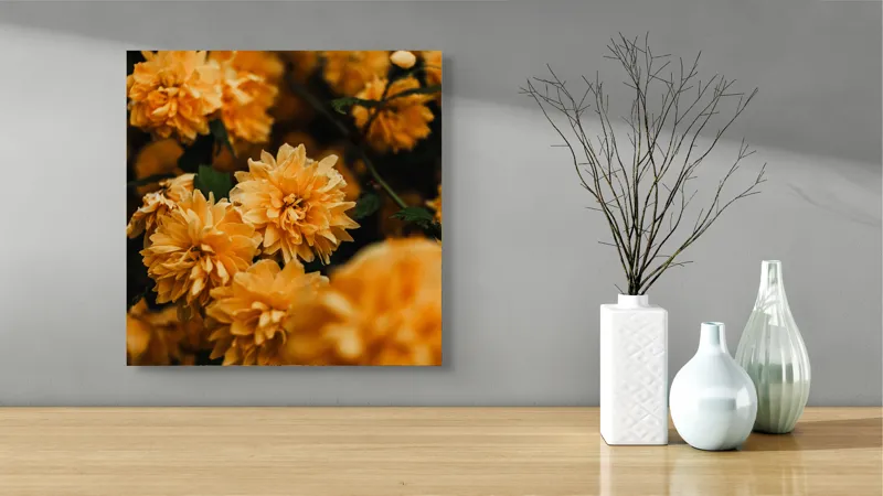 Tablou Canvas, "Flori galbene în grădina soarelui", Flori, Portocalii, Petale, Prospetime, Frumusete, Natura, Delicatete, Plante, Stralucire, Vividitate, 50 x 50 cm – poza 3